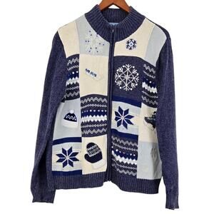 Vintage Classic Winter Patchwork Embroidered Snowflakes Zip Sweater Size Large